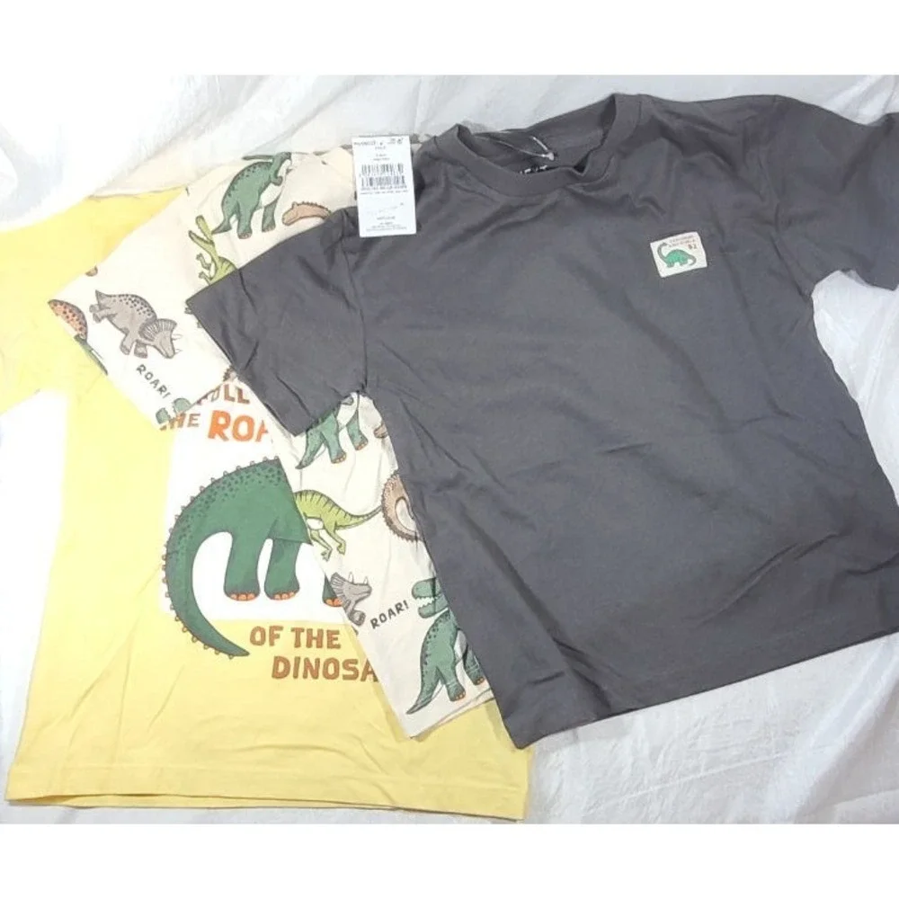 Next Boy's 3-Pack Monochrome/Yellow Dinosaur Short Sleeve T-Shirts Sz 5-6 Years